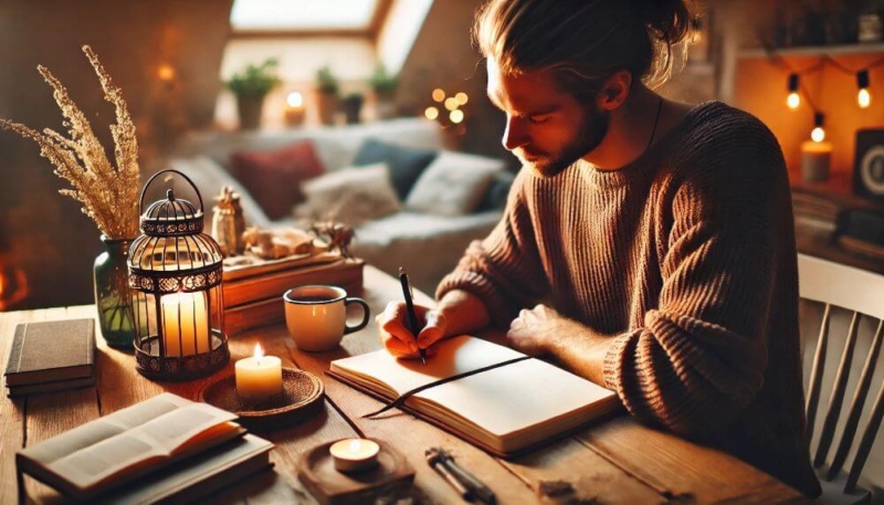 Photograph of a man writing in a journal, reflecting on their thoughts and feelings and training their mind.